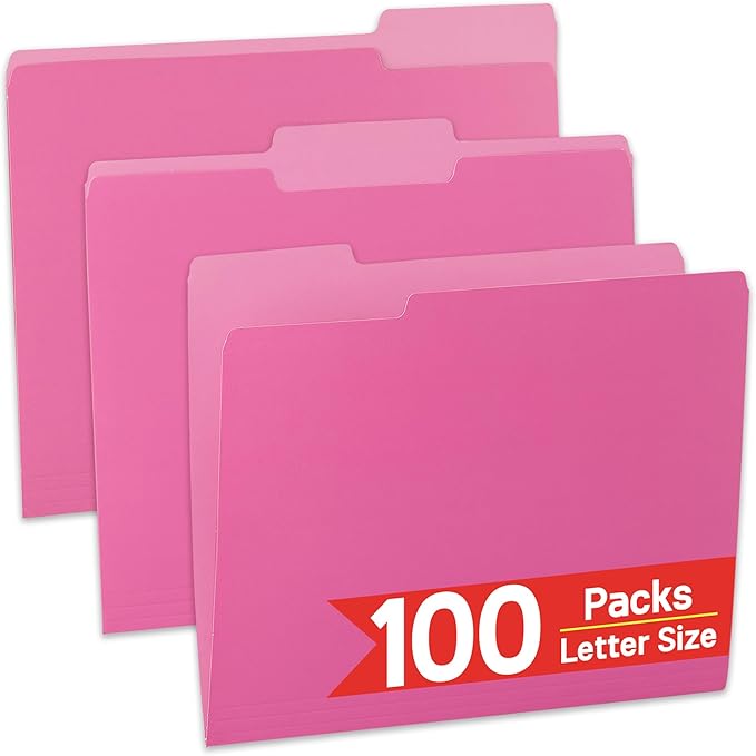 100 Packs File Folder,1/3-Cut Tabs,File Folders Letter Size,8.5x11 Pink File Folders for Office,School and Home,Organizer Documents