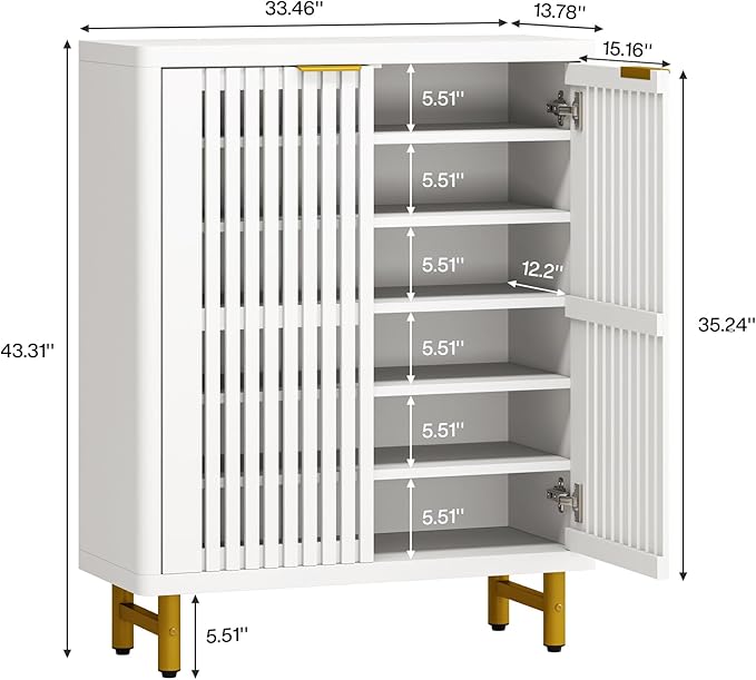 Tribesigns 6-Tier Shoe Cabinet with Shutter Doors, Large Wooden Shoe Organizer Rack with Adjustable Shelves, Modern Farmhouse Hidden Storage Furniture for Entryway, Hallway (White)