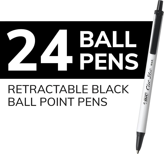 BIC Clic Stic Black Retractable Ballpoint Pens, Medium Point (1.0mm), 24-Count Pack, Round Barrel Design for Comfortable Writing