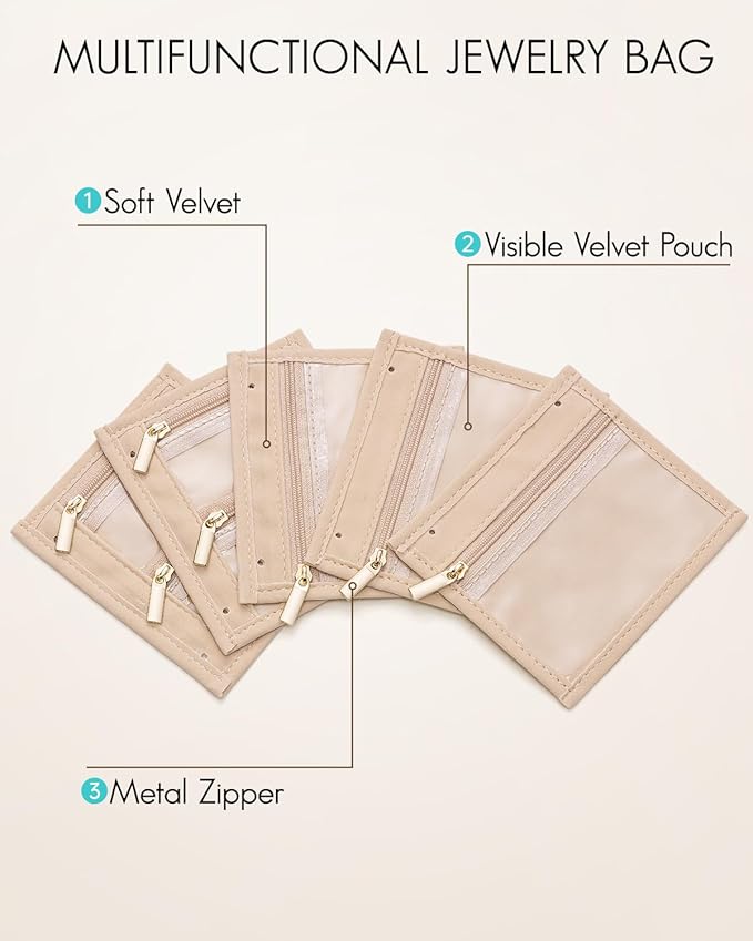 Vlando Travel Jewelry Bag,Small Jewelry Organizers Storage Bag, 5 Pcs Clear Velvet Zipper Pouch Earring Organizer Travel Essentials for Women Girls