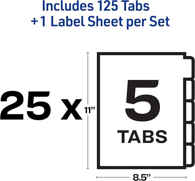 Avery 5 Tab Unpunched Dividers for Use with Any Binding System, Easy Print & Apply Clear Label Strip, Index Maker Customizable White Tabs, 25 Sets (11443)