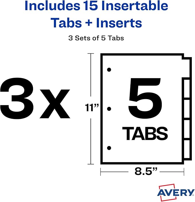 Avery Dividers for 3 Ring Binders, 5-Tab Plastic Binder Dividers, Insertable Big Tabs, Multicolor (3 Sets of 11900)