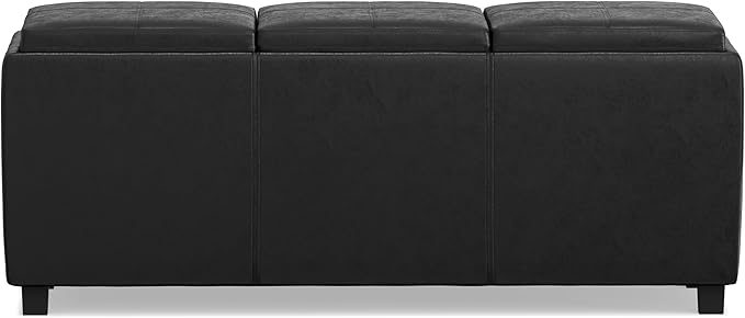 SIMPLIHOME Avalon Storage Ottoman - 42 inch Wide Upholstered Vegan Leather Rectangular Flip-Top Ottoman in Distressed Black, Contemporary Coffee Table Ottoman for Living Room with Hidden Storage