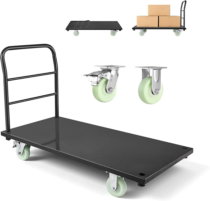 VEVOR Heavy Duty Platform Truck, 2000 LBS Industrial Steel Flatbed Cart with 360° Swivel Wheels, Platform Push Cart Dolly, Easy Storage for Warehouse/Garage/Moving/Garden (48" x 24" x 32")