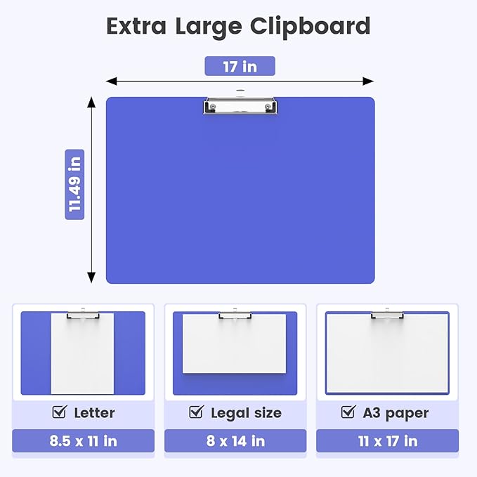 Extra Large 11x17 Clipboards, Plastic Blues Drawing Boards, Horizontal Clip Board, Landscape Layout. Suitable for Watercolor, Sketching, Painting. Art & Drafting Supply