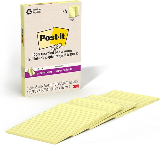 Post-it Super Sticky 100% Recycled Notes, 4 Sticky Note Pads, 4 x 6 in., 2X The Sticking Power, New Year Organization or Second Semester School Supplies, Canary Yellow