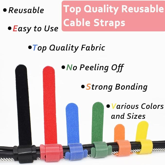 160pcs Cable Ties Reusable Colorful Wire Ties Cable Management Cord Ties Reusable for Electronics Hook and Loop Cable Ties for Computer 4 6 8 Inch with 6 Colors