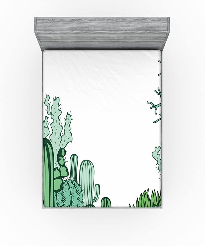 Ambesonne Cactus Fitted Sheet, Arizona Desert Themed Doodle Cactus Staghorn Buckhorn Ocotillo Plants, Bed Cover with All-Round Elastic Deep Pocket for Comfort, Full Size, Green Pale Green Seafoam