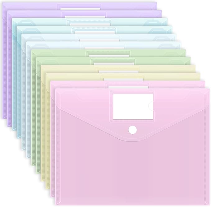EOOUT 12pcs Plastic Envelopes, Plastic Folders for Documents, Hook & Loop Closure File Folders with Label Pocket A4 Size for School and Office Supplies