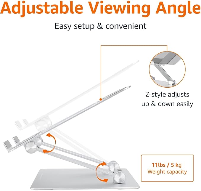 Amazon Basics Sturdy and Portable Ergonomic Laptop Stand for Desk,Height Adjustable Riser with Ventilated Cooling,Foldable,Fits All Laptops up to 17.3 Inch,Silver,10 x 8.7 x 6 in,(Pack of 12)