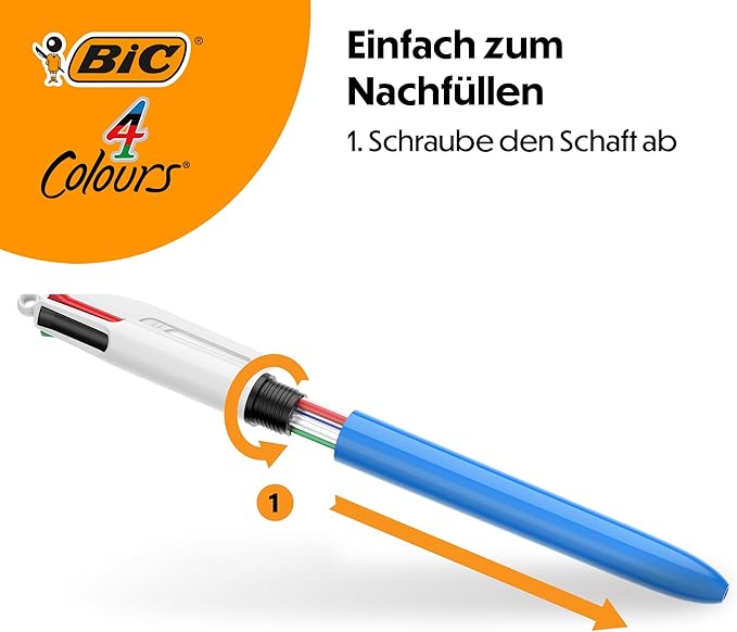 BIC 4 Colours Original Retractable Ballpoint Pens, Multi Coloured All in One, Green, Blue, Red, Black, 12 Pens Per Pack