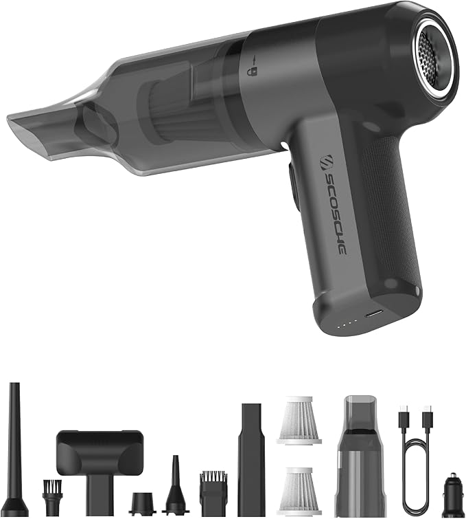 Scosche SCOVAC 4-in-1 Cordless Handheld Vacuum Cleaner with Inflator, Deflator & Air Duster, Small, High Power, Rechargeable and Portable Hand Held Vacuum for Car, Home, Office, Pet Hair