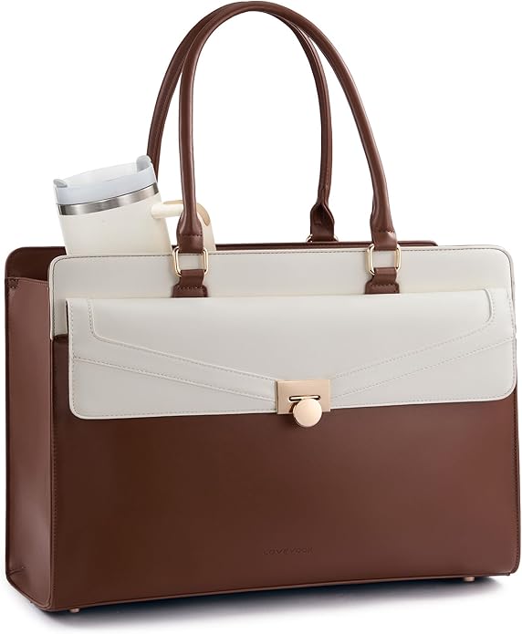 LOVEVOOK Laptop Tote Bag for Women - PU Leather Vintage Work Tote Bag,Waterproof Business Teacher Bag with Large Cup Holder