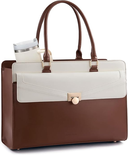 LOVEVOOK Laptop Tote Bag for Women - PU Leather Vintage Work Tote Bag,Waterproof Business Teacher Bag with Large Cup Holder