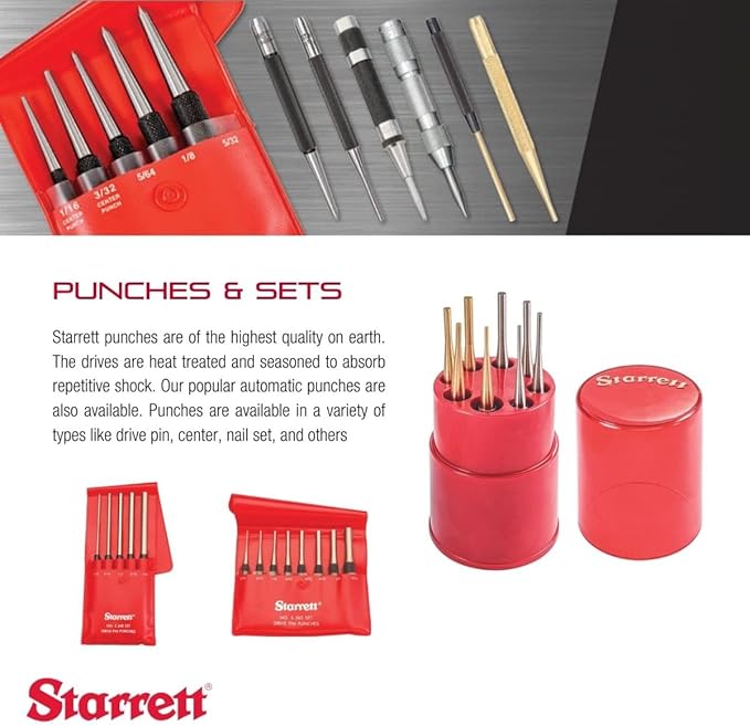Starrett Steel Center Punch with Square Shank and Knurled Finger Grip - Hardened and Tempered Steel, 88mm Length, 2mm Diameter Tapered, 9.5mm Square Thickness - 264B