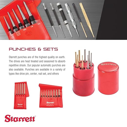 Starrett Drive Pin Punch with Knurled Grip for Driving Pins Into or Out of a Workpiece - Hardened and Tempered Steel, 4" Length, 7/32" Punch Diameter - 565F