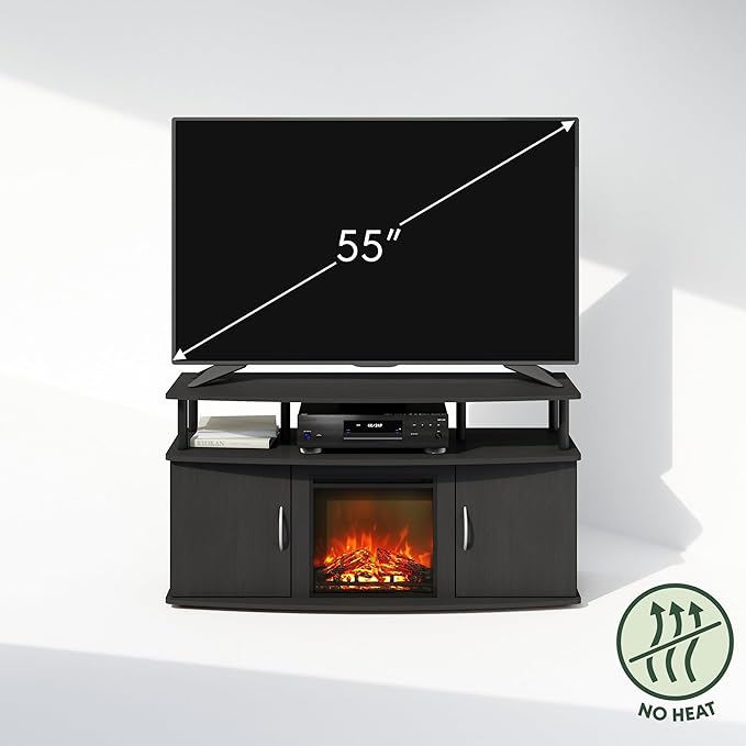 Furinno Jensen Fireplace TV Stand, NO Heat Decorative Electric Fireplace Corner TV Stand for TV up to 55 Inch, with Doors Storage Cabinet, for Living Room, Americano/Black