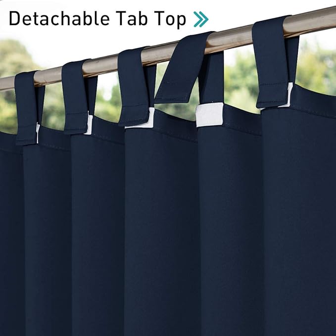 NICETOWN 2 Panels Navy Blue Outdoor Curtainss for Patio Waterproof, Self-Stick Detachable Tab Top Blackout Thermal Insulated Public Dividers Vertical Drapes for Front Porch & Canvas, W52 x L84