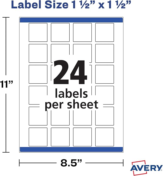 Avery Printable Blank Square Labels, 1.5" x 1.5", Matte White, 600 Customizable Labels (22805)