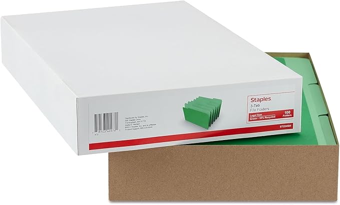Staples File Folders, Legal Size, 1/3‑Cut Tabs, Green, Durable Paper Stock, 200/Carton