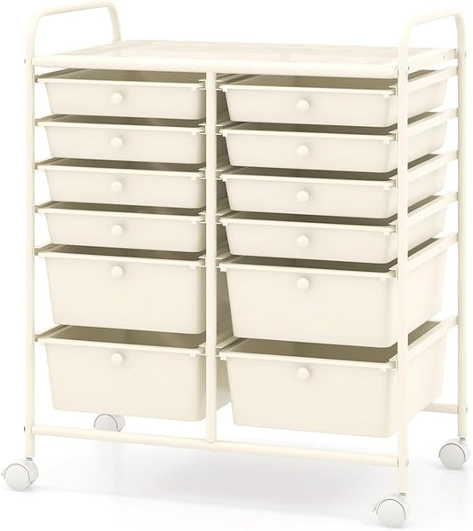 COSTWAY 12-Drawer Rolling Storage Cart, Moveable Art Craft Organizer W/Lockable Wheels, Metal Shelf, Files Arrangement Tools Makeup Storage Cart for Office, Home, School, White