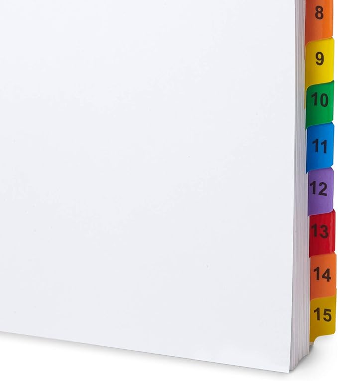 Blue Summit Supplies 15 Tab Binder Dividers for 3 Ring Binder or Notebook, Subject Dividers with Multicolor Numbered Tabs, Includes Customizable Table of Contents Index, 3 Sets