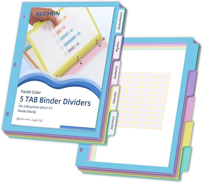 XUCHUN Binder Dividers,5 Tab Dividers Clear Plastic Subject dividers with Tab,for 3 Ring Binder,Customizable Labels, Multicolor, Durable & Tear-Resistant