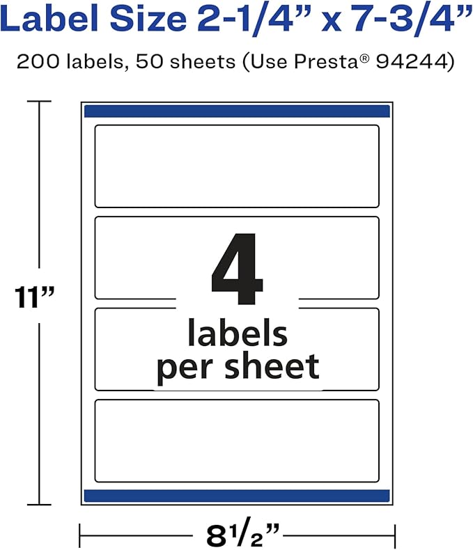 Avery Glossy White Rectangle Labels, Sure Feed Technology, 2.25" x 7.75", 200 Glossy White Labels, Print-to-The-Edge, Permanent Adhesive, Laser/Inkjet Printable