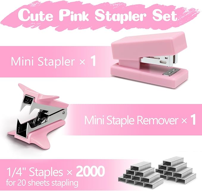 Pink Mini Stapler with Staples, Portable Office Supplies Set with Small Stapler, Staple Remover and 2,000 Staples, Cute Mini Stapler for Desk, School, Office & Home Desk Essentials