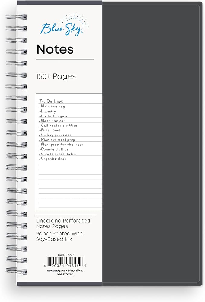 Blue Sky Notes Professional Notebook, 5.5" x 8.5" Journal, Gray, Flexible Cover, Durable Twin-Wire Binding, 150+ Lined and Perforated Notes Pages, Undated, Office and School