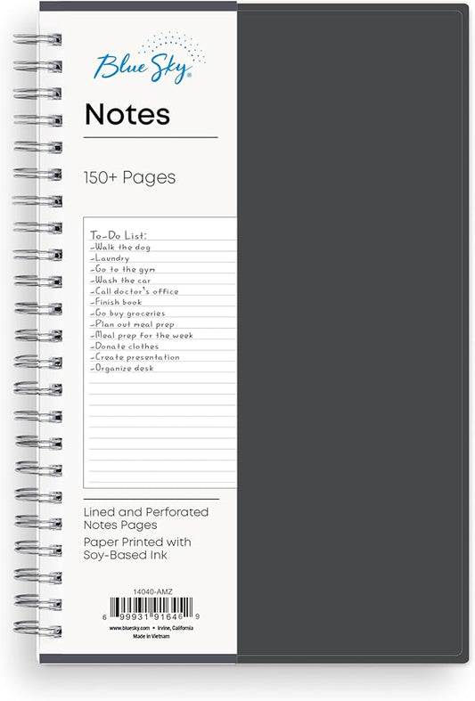 Blue Sky Notes Professional Notebook, 5.5" x 8.5" Journal, Gray, Flexible Cover, Durable Twin-Wire Binding, 150+ Lined and Perforated Notes Pages, Undated, Office and School
