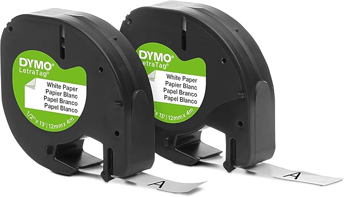 Dymo 10697 Self-Adhesive White Paper Labeling Tape for LetraTag, 2 Blister Packs (4 Refills), Black on White, 2 Count (Pack of 2)