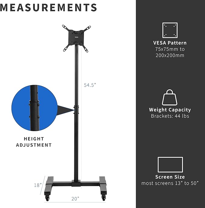 VIVO Mobile TV Display Stand for 13 to 42 inch LED LCD Flat Panel Screens, Rolling Floor Stand Height Adjustable Mount with Wheels STAND-TV07W
