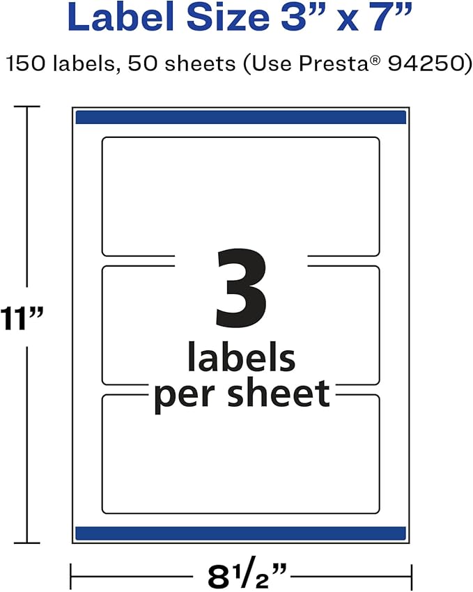 Avery Glossy White Rectangle Labels, Sure Feed Technology, 3" x 7", 150 Glossy White Labels, Print-to-The-Edge, Permanent Adhesive, Laser/Inkjet Printable