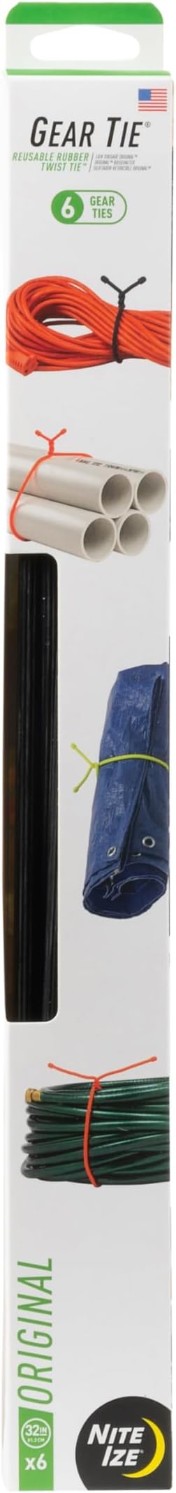 Nite Ize Original Gear Tie, Reusable Rubber Twist Tie, 32-Inch, Black, 6 Count Pro Pack, Made in the USA