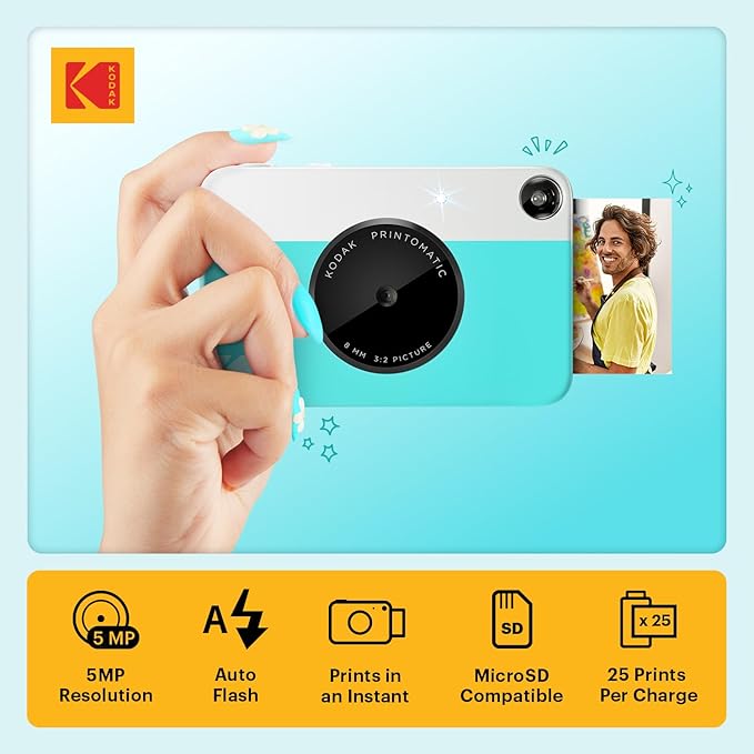 Kodak Printomatic Full-Color Instant Print Digital Camera - 75 Sheets Bundle - Prints On Zink 2x3 Sticky-Back Photo Paper - 5MP, Portable, Creative Fun Gift for Birthday, Christmas, Holiday - Blue