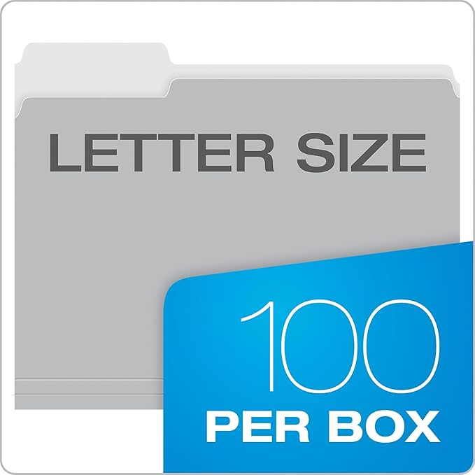 Pendaflex File Folders, 100 Pack, Durable Gray Folders, Letter Size (8.5" x 11"), 3 Tabs for Easy Labeling, Neutral Aesthetic Organization Essentials for Home, Office & School