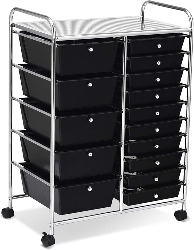 COSTWAY 15 Drawer Rolling Storage Cart, Mobile Utility Cart with Lockable Wheels, Drawers, Multipurpose Organizer Cart for Home, Office, School, Black