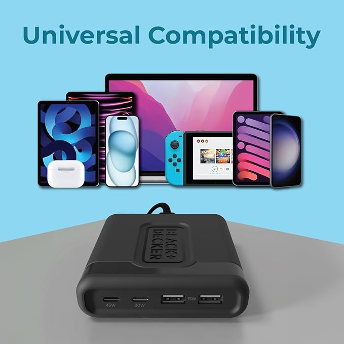 BLACK+DECKER USB C Fast Charger 65W 4 Port Type USB C Charging Station Hub Block TypeC Wall Charger Power Strip Adapter Plug 2 USBC 2 USBA for iPad iPhone 17 16 15 14 Pro Max Pixel Note Galaxy, Black