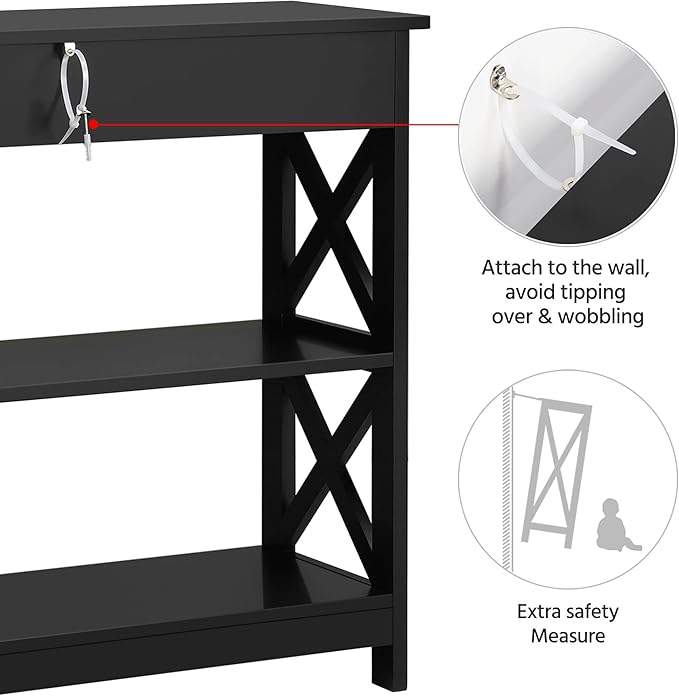 Yaheetech Console Table with Drawer, 39.5 Inch Narrow Sofa Table with Storage Shelves, 3-Tier Wood Entryway Table for Hallway/Living Room/Foyer, Black