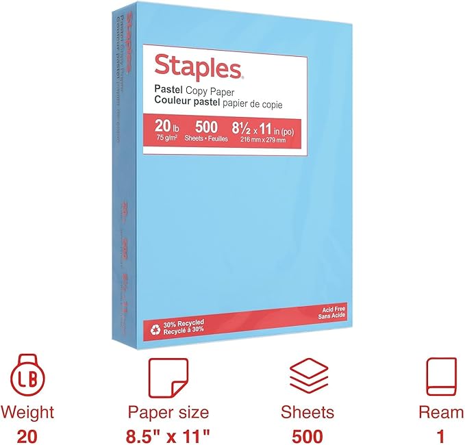 Staples 30% Recycled, 8.5 x 11 Inch, 20 lbs, 500-Sheets Pack, Blue, For Office, School & Home