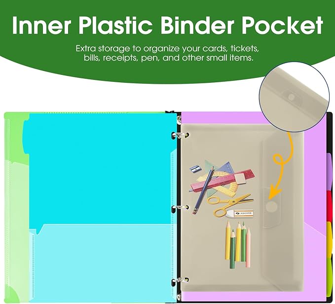 INFUN 1 Inch 3-Ring Telescoping Project Organizer Binder,13 Pocket, Customizable Front Cover, 5 Colors Pocket Divider and Plastic Binder Pocket，225 Sheet Capacity-Green