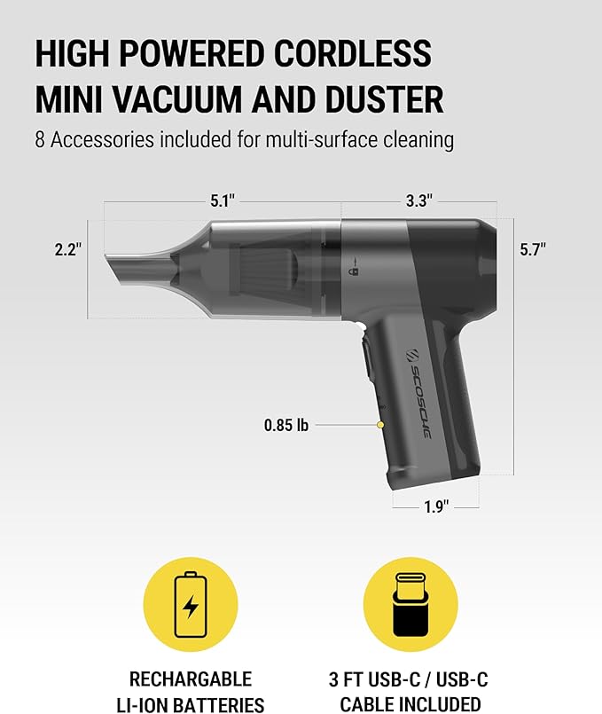 Scosche SCOVAC 4-in-1 Cordless Handheld Vacuum Cleaner with Inflator, Deflator & Air Duster, Small, High Power, Rechargeable and Portable Hand Held Vacuum for Car, Home, Office, Pet Hair