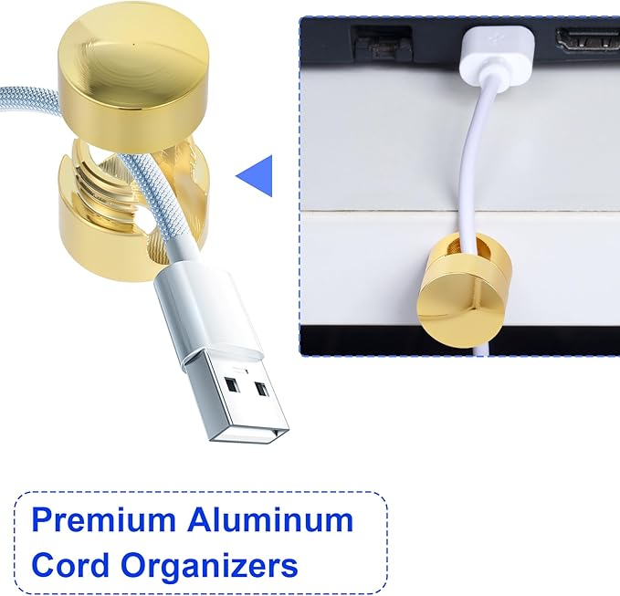 6 Sets Charger Holders for Cords, Gold Adjustable Cable Anchor Holders, Adhesive Metal Cord Clips, Cable Management Wire Organizers for Desk, Office, Nightstand