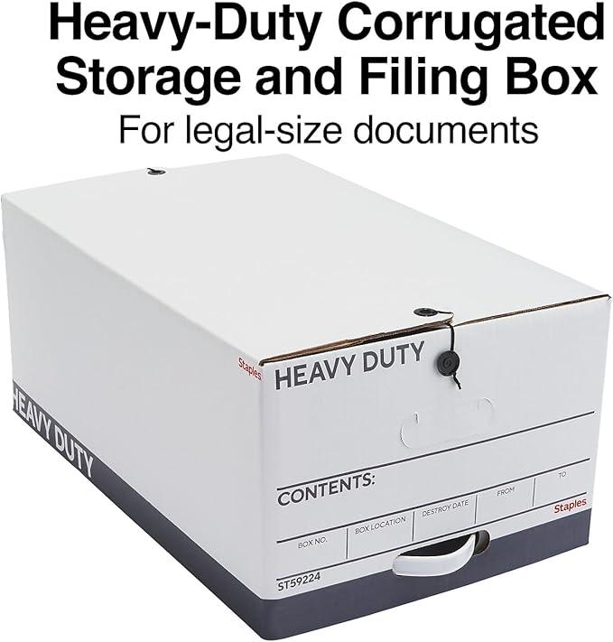 STAPLES Heavy Duty File Box, String and Button Lid, Legal, White/Gray, 4/Pack