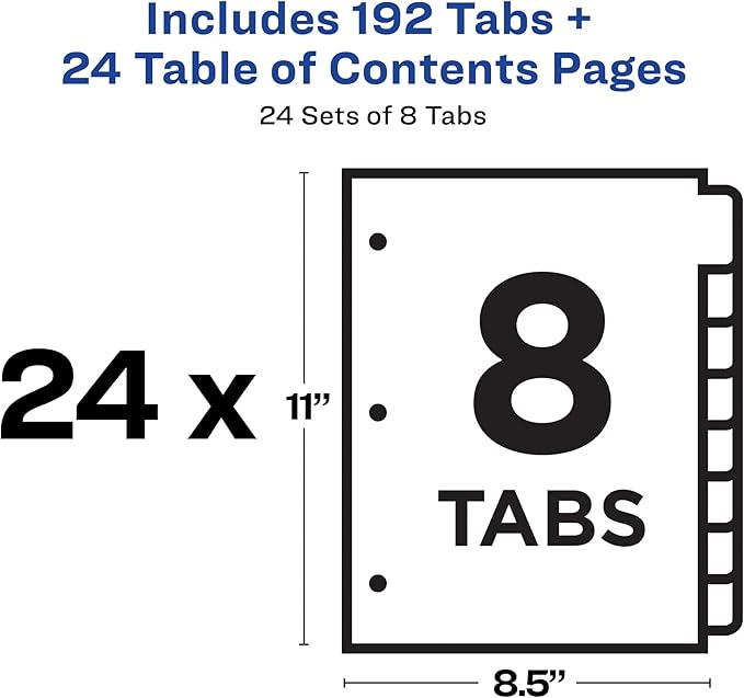 Avery Dividers for 3 Ring Binders, 8 Tabs per Set, Customizable Table of Contents, Multicolor Tabs, Great for Organizing High-Volume Reports, Projects, and More (24 Sets of 11168)