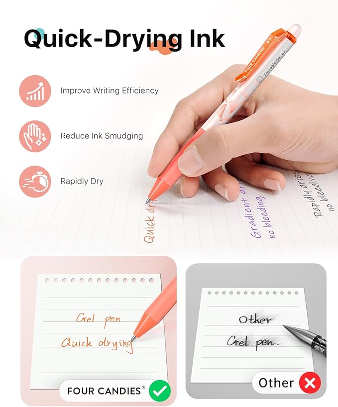 Four Candies 0.7mm Erasable Gel Pens, Make Mistakes Disappear Colored Pens, 12 Colors Retractable Fine Point Erasable Pens for Writing, Drawing, Planner & School Supplies