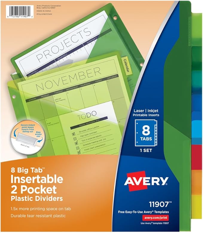 Avery Dividers for 3 Ring Binders, 8-Tab Two-Pocket Plastic Binder Dividers, Multicolor (24 Sets of 11907)