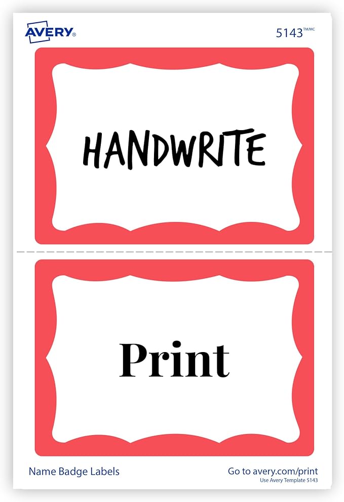 Avery Name Tags, White with Red Border, Packs of 100 per Pack, 18 Packs, 1,800 Removable Name Badges Total (05143)