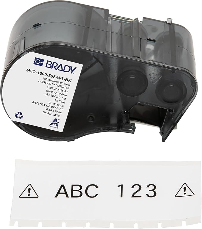 Brady Authentic (M5C-1500-595-WT-BK) All-Weather Vinyl Labels 1.5 in W x 25ft Black on White. for use with BMP51, M510, and M511 Label Printers.